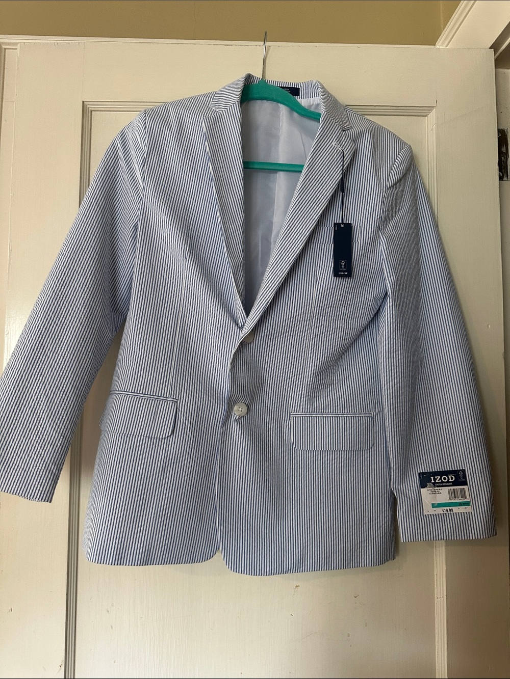 Izod Light Blue & White Striped Seersucker Blazer